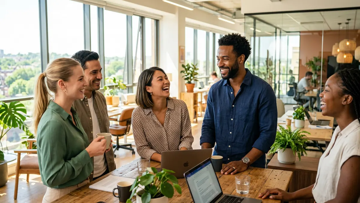 Équipe d'employés épanouis dans un bureau moderne